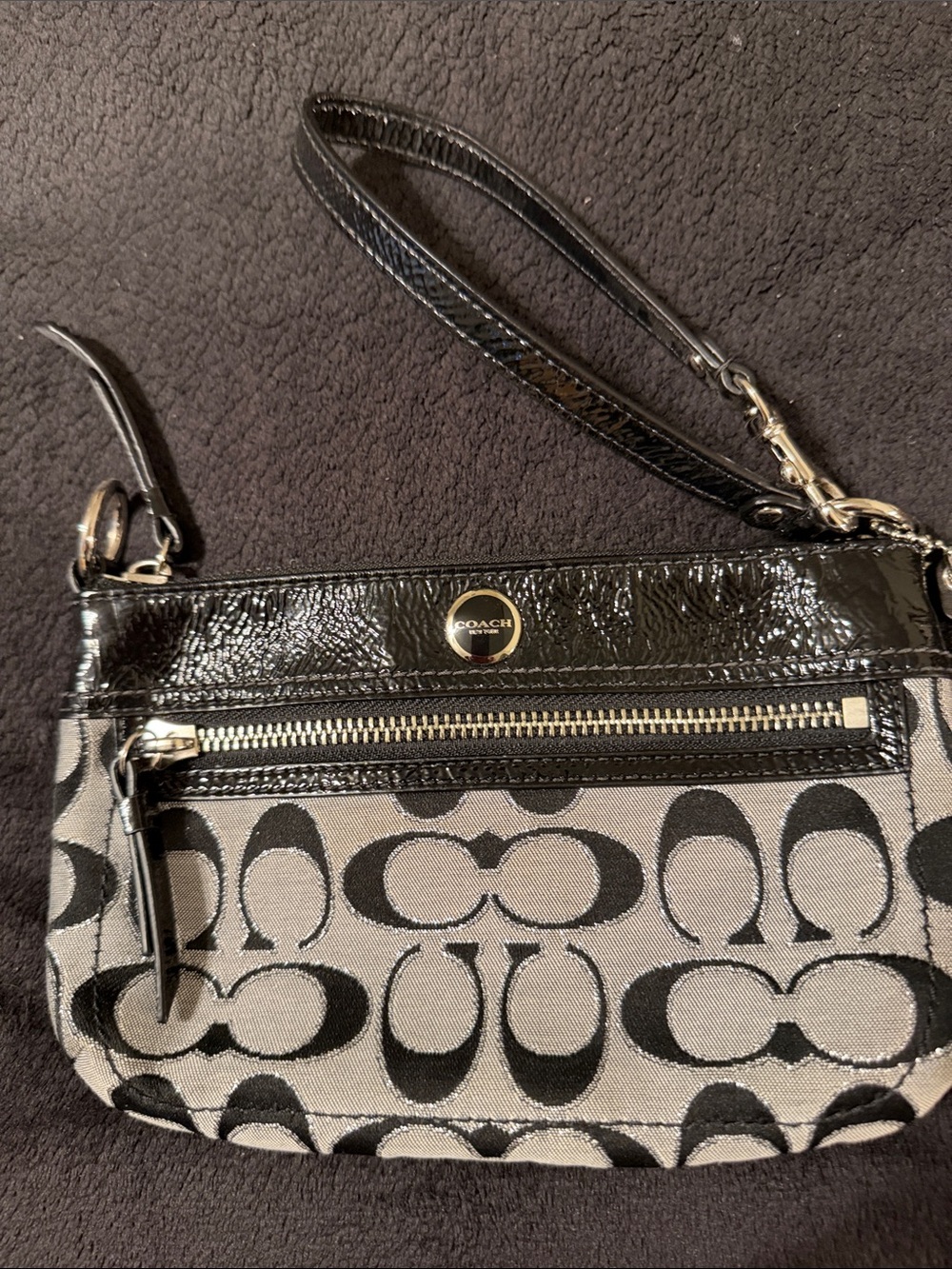 Coach Black & Gray Signature Canvas Wristlet with Patent Trim